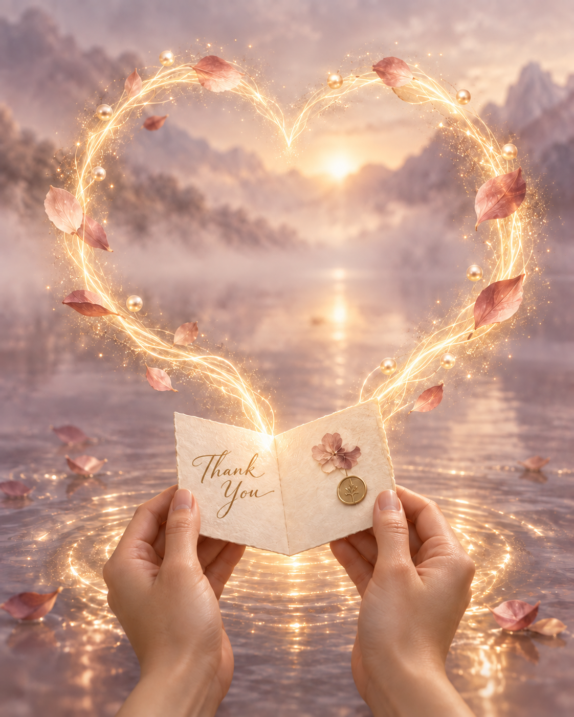A glowing thank-you note surrounded by a heart of light